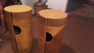 With vibration speaker the sound is created by transmitting vibrations to any material of much larger dimensions than the vibration surface of the speaker motor. U used a special, particularly light wooden panel &#8211; folded into a cylinder.
